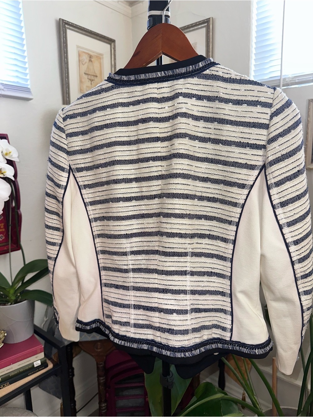 White House Black Market Navy and White Striped Tweed Open-Front Jacket - Picture 8 of 8